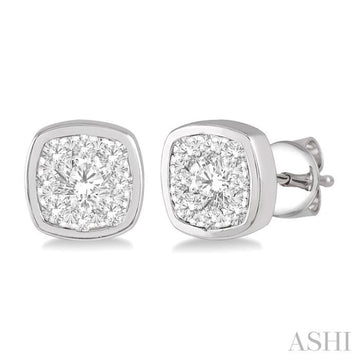 3/4 Ctw Cushion Shape Round Cut Diamond Lovebright Bezel Stud Earring in 14K White Gold